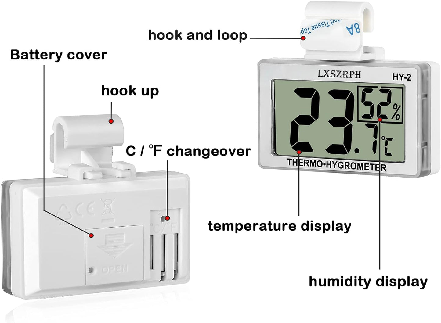 Reptile Hygrometer Thermometer LCD Display Digital Reptile Tank Hygrometer Thermometer with Hook Temperature Humidity Meter Gauge for Reptile Tanks, Terrariums, Vivarium (2 Packs)