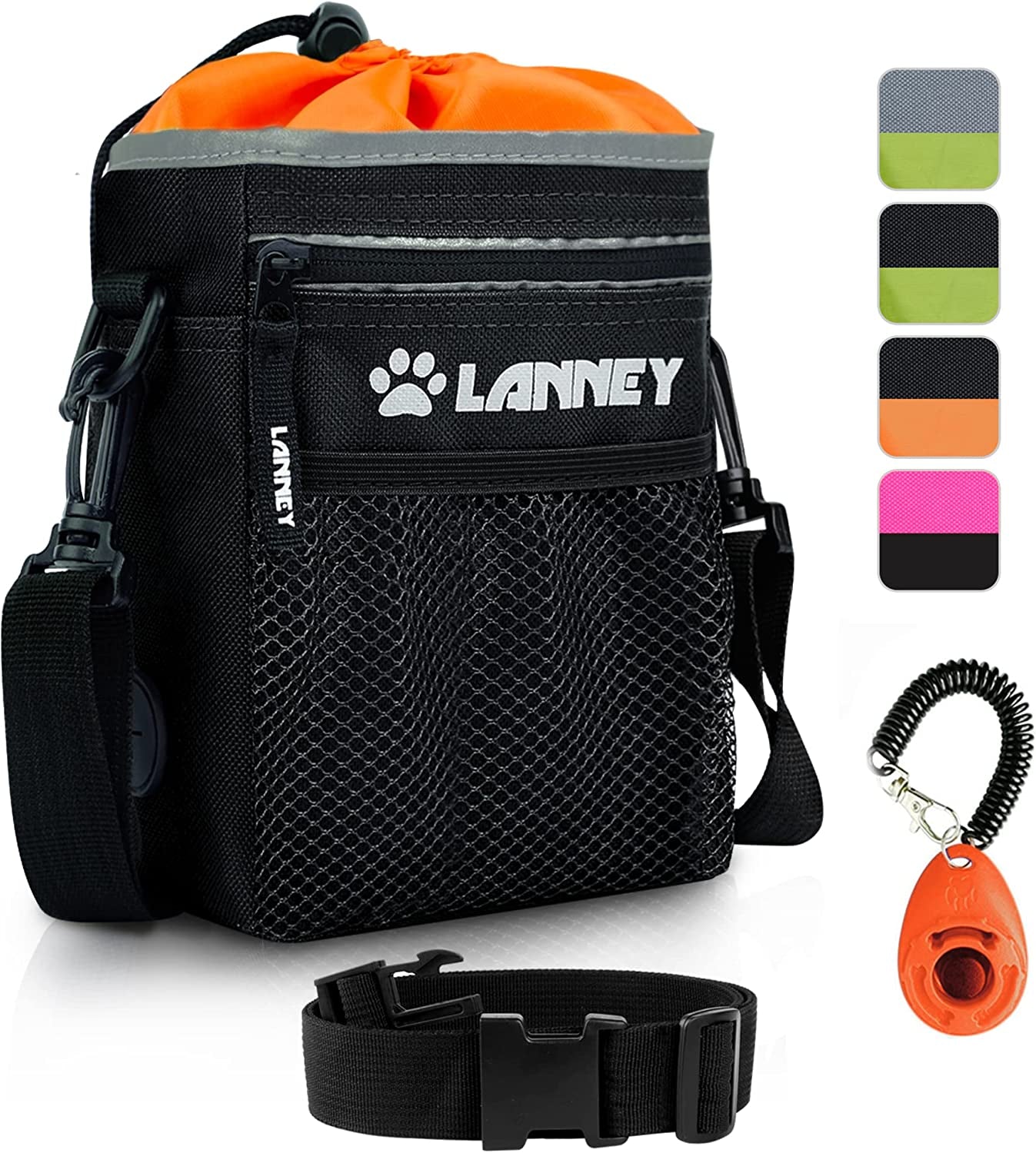 Ultimate Dog Treat Pouch: Versatile Training Bag for Small to Large Dogs - Carry Kibble, Snacks & Toys with Ease - Includes Metal Clip, Adjustable Waist Belt & Shoulder Strap - Stylish Black with Orange Design