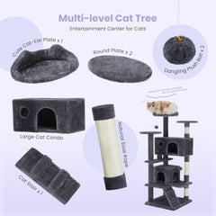 Large Cat Tree Tower, 62-70-80 Cat Tree Large Cats, Multi Level With Scratching Post, Cozy Cat Jumping Platform Space, Grey