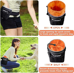 Ultimate Dog Treat Pouch: Versatile Training Bag for Small to Large Dogs - Carry Kibble, Snacks & Toys with Ease - Includes Metal Clip, Adjustable Waist Belt & Shoulder Strap - Stylish Black with Orange Design