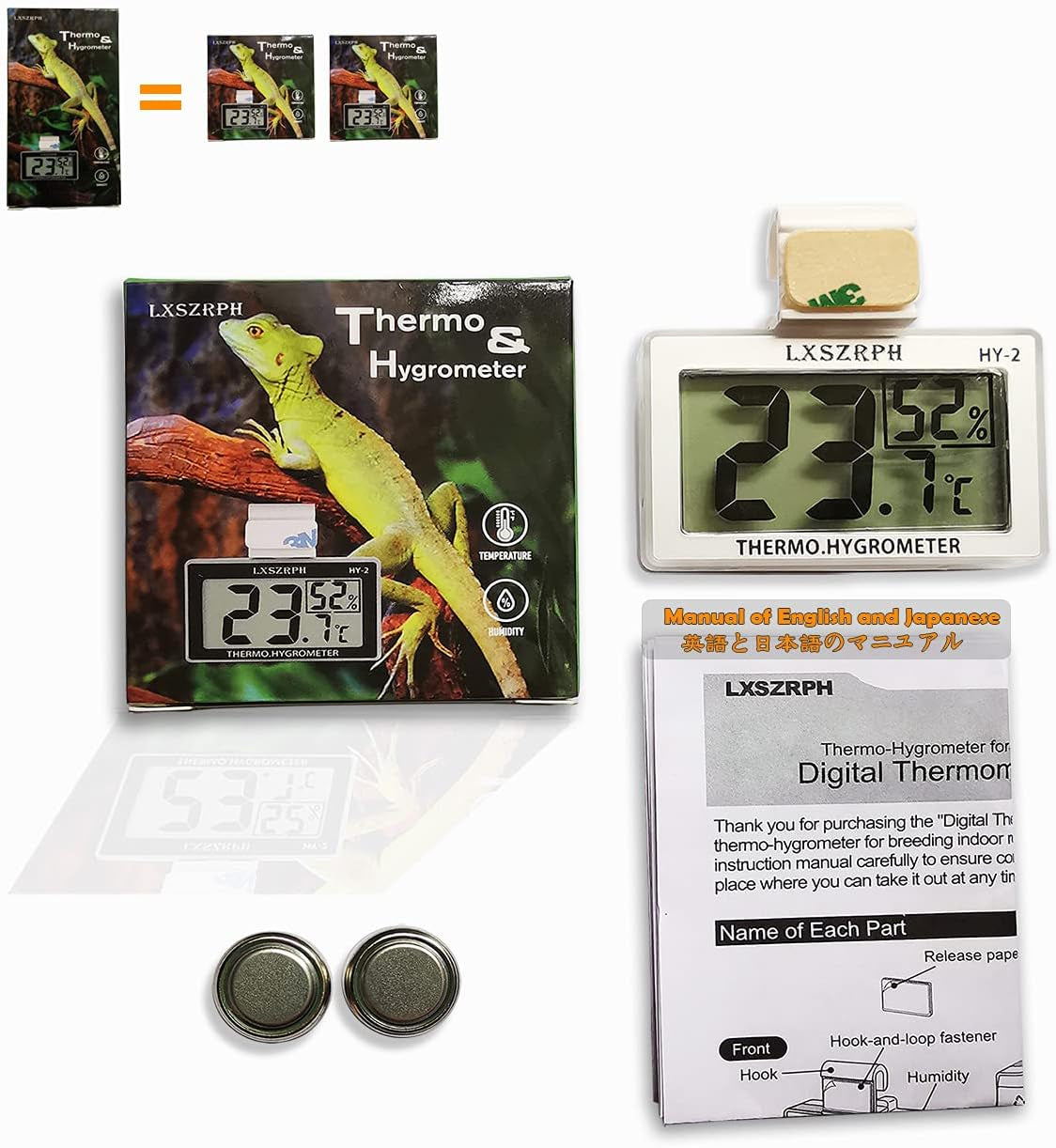 Reptile Hygrometer Thermometer LCD Display Digital Reptile Tank Hygrometer Thermometer with Hook Temperature Humidity Meter Gauge for Reptile Tanks, Terrariums, Vivarium (2 Packs)