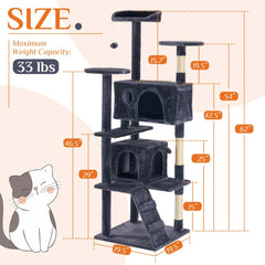Large Cat Tree Tower, 62-70-80 Cat Tree Large Cats, Multi Level With Scratching Post, Cozy Cat Jumping Platform Space, Grey