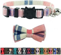 Charming Pink Plaid Cat Collar with Breakaway Safety Buckle, Bow Tie & Bell - Adjustable for All Cats (6.8-10.8in)