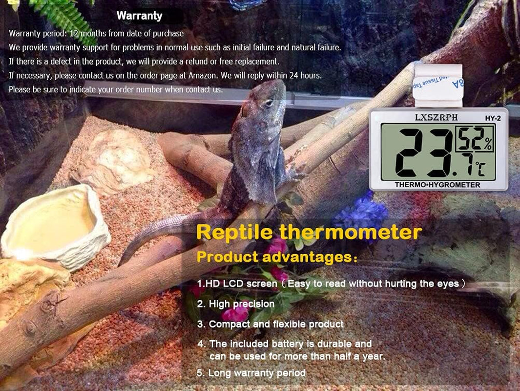 Reptile Hygrometer Thermometer LCD Display Digital Reptile Tank Hygrometer Thermometer with Hook Temperature Humidity Meter Gauge for Reptile Tanks, Terrariums, Vivarium (2 Packs)