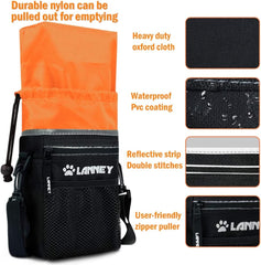 Ultimate Dog Treat Pouch: Versatile Training Bag for Small to Large Dogs - Carry Kibble, Snacks & Toys with Ease - Includes Metal Clip, Adjustable Waist Belt & Shoulder Strap - Stylish Black with Orange Design