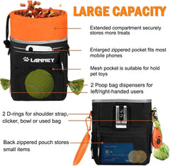 Ultimate Dog Treat Pouch: Versatile Training Bag for Small to Large Dogs - Carry Kibble, Snacks & Toys with Ease - Includes Metal Clip, Adjustable Waist Belt & Shoulder Strap - Stylish Black with Orange Design