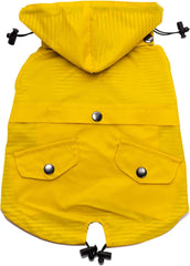 Yellow Zip up Dog Raincoat with Reflective Buttons, Pockets, Rain/Water Resistant, Adjustable Drawstring, & Removable Hood - Size XS to XXL Available - Stylish Premium Dog Raincoats by Ellie (M)