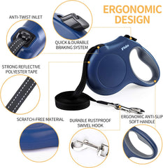 Retractable Dog Leash with Poop Bag Dispenser - 16ft Heavy-Duty Leash for Large Dogs up to 110 lbs - Navy Blue with Anti-Slip Handle and Tangle-Free Design