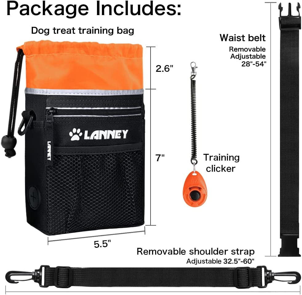 Ultimate Dog Treat Pouch: Versatile Training Bag for Small to Large Dogs - Carry Kibble, Snacks & Toys with Ease - Includes Metal Clip, Adjustable Waist Belt & Shoulder Strap - Stylish Black with Orange Design