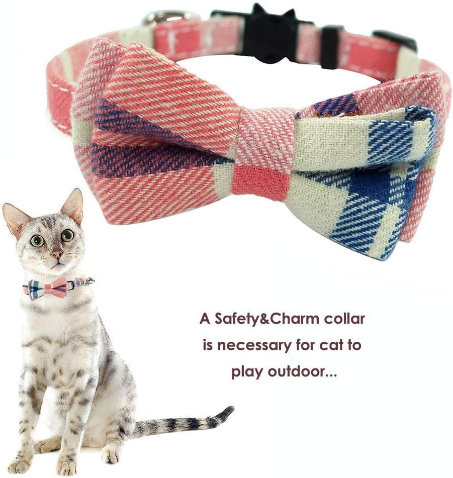 Charming Pink Plaid Cat Collar with Breakaway Safety Buckle, Bow Tie & Bell - Adjustable for All Cats (6.8-10.8in)